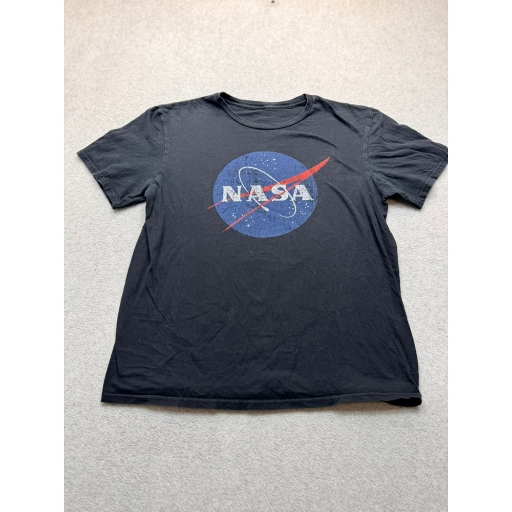 NASA Mens Graphic T-Shirt Black Distressed Logo Crew Neck Short Sleeve Tee